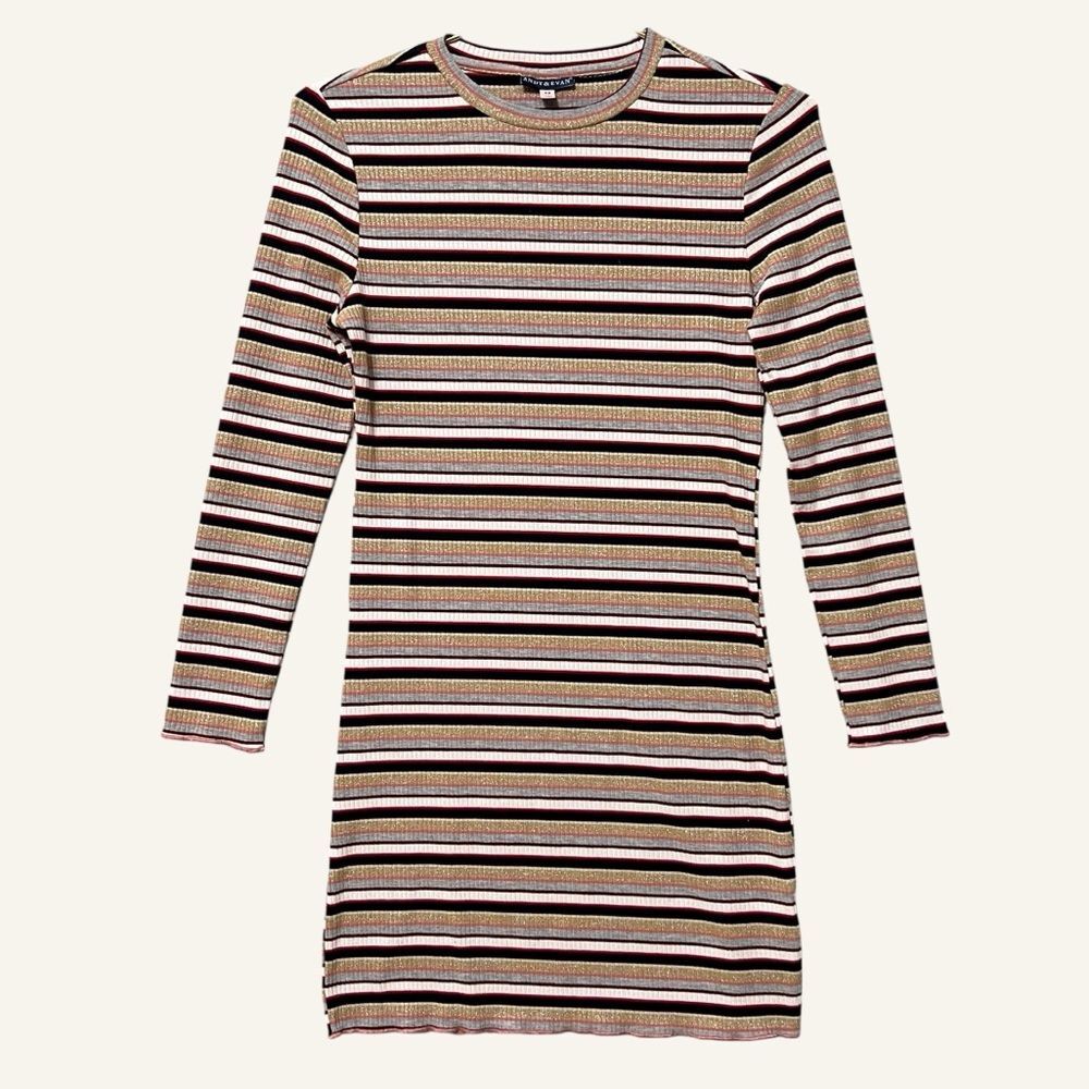 Andy & Evan Girls Striped Rib Knit Dress Size 12 Metallic Gold Red White Blue